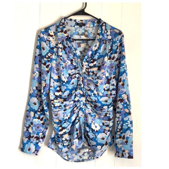 New Rails Lisa Ruched Floral Button Up Top Blouse Sz M Y2K 90s Retro Blue White - Picture 2 of 8